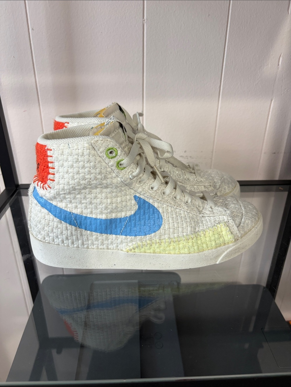 Nike Women’s High-Top Sneakers in White with Blue & Yellow Accents